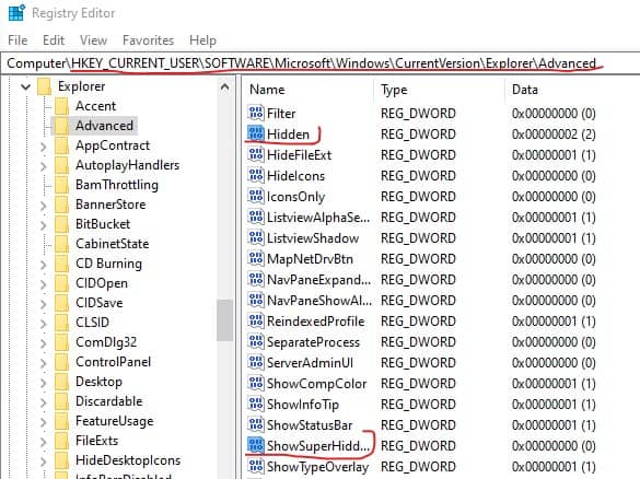 regedit hidden dan showsuperhidden