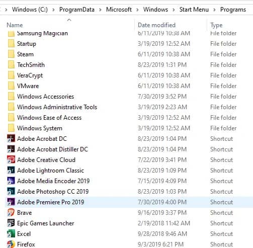 start menu programs show hide