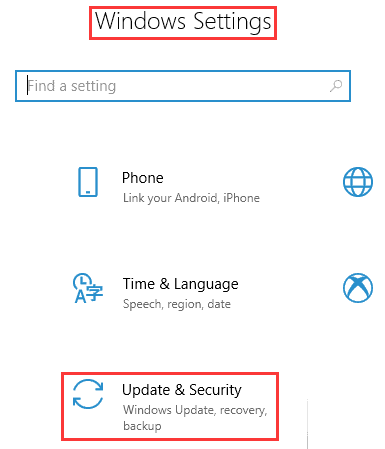 update & security pada start menu
