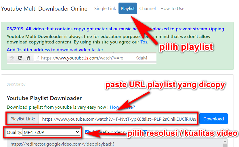 paste URL playlist, tentukan resolusi video